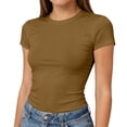 thumbnail image 3 of UDAUDU Women's Crew Neck Tops Fall Summer Basic Short Sleeve T Shirts Soft Undershirts 2026 Trendy Crop Tops Khaki M, 3 of 8