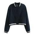 thumbnail image 2 of QATAINLAV Women Casual Button Cropped Baseball Jacket Stand Up Collar Long Sleeve Bomber Jackets Fall Workout Tops, Navy, L, 2 of 4
