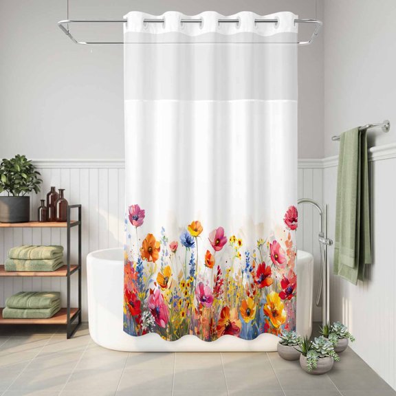No Hook Shower Curtain Watercolor Flower Floral Waterproof Fabric Shower Curtain Flowes Leaves Plant Hotel Style Bathroom Curtain with See Through Top Window Machine Washable 36x72in