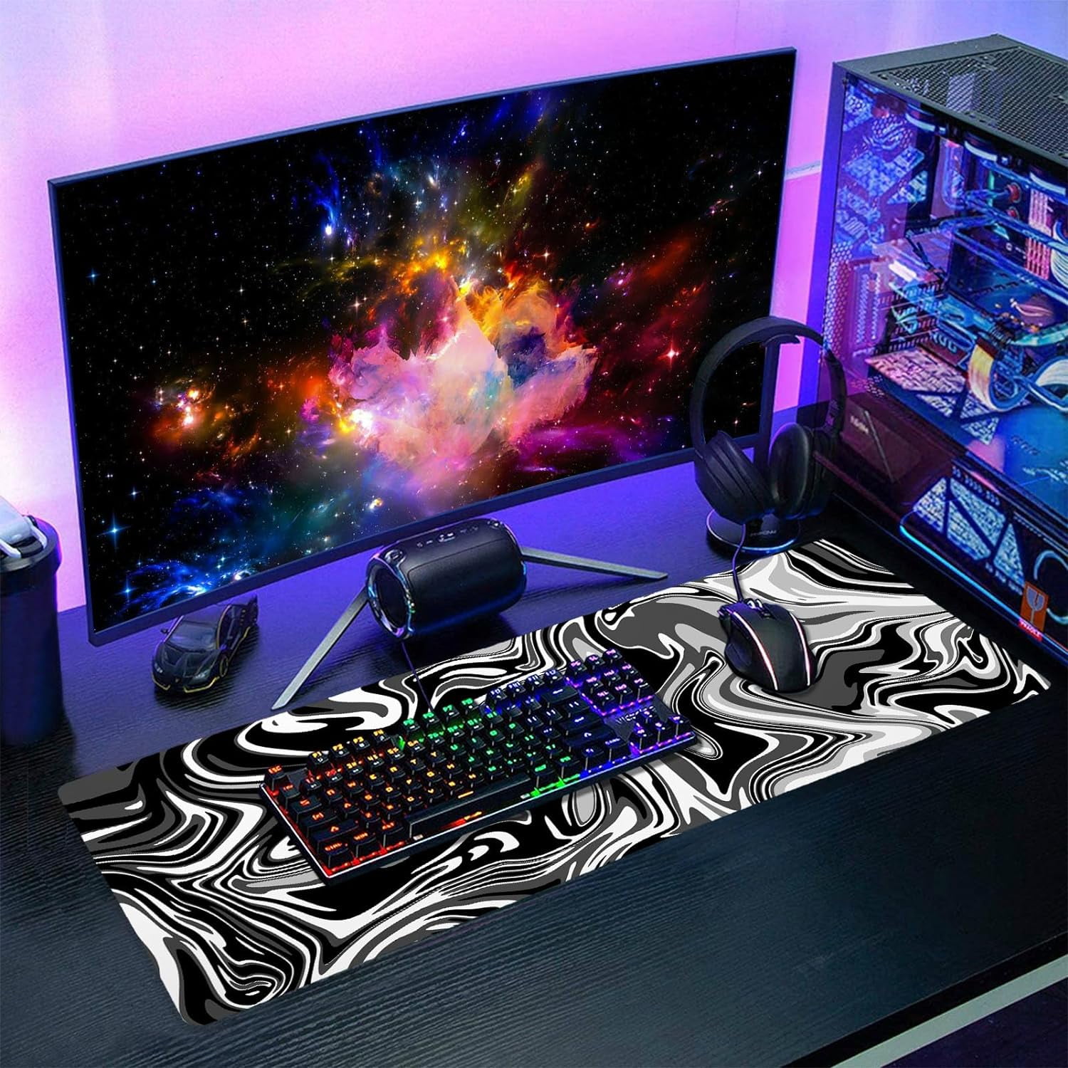 Black White Swirl Gaming Mouse Pad XL Gray Marble Grey Fluid Design Extended Large Mouse Pad Big Desk Mat Non-Slip Rubber Base Stitched Edge Long Keyboard Playmat for Desk Computer,31.5×11.8 Inch