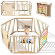 Lilypelle Wooden Playpen, Extra Large Baby Play Yard with Gate, 6-Panel Foldable Safety Fence for Toddlers, Adjustable Shape & Size