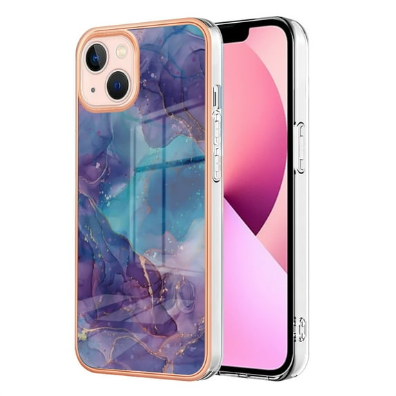 ELEHOLD for iPhone 14 Plus 6.7 inch Marble Case, Clear Electroplated Frame Soft TPU Anti-Scratch Wear-Resistant Wireless Charging Slim Fit Transparent Case for iPhone 14 Plus, Purple