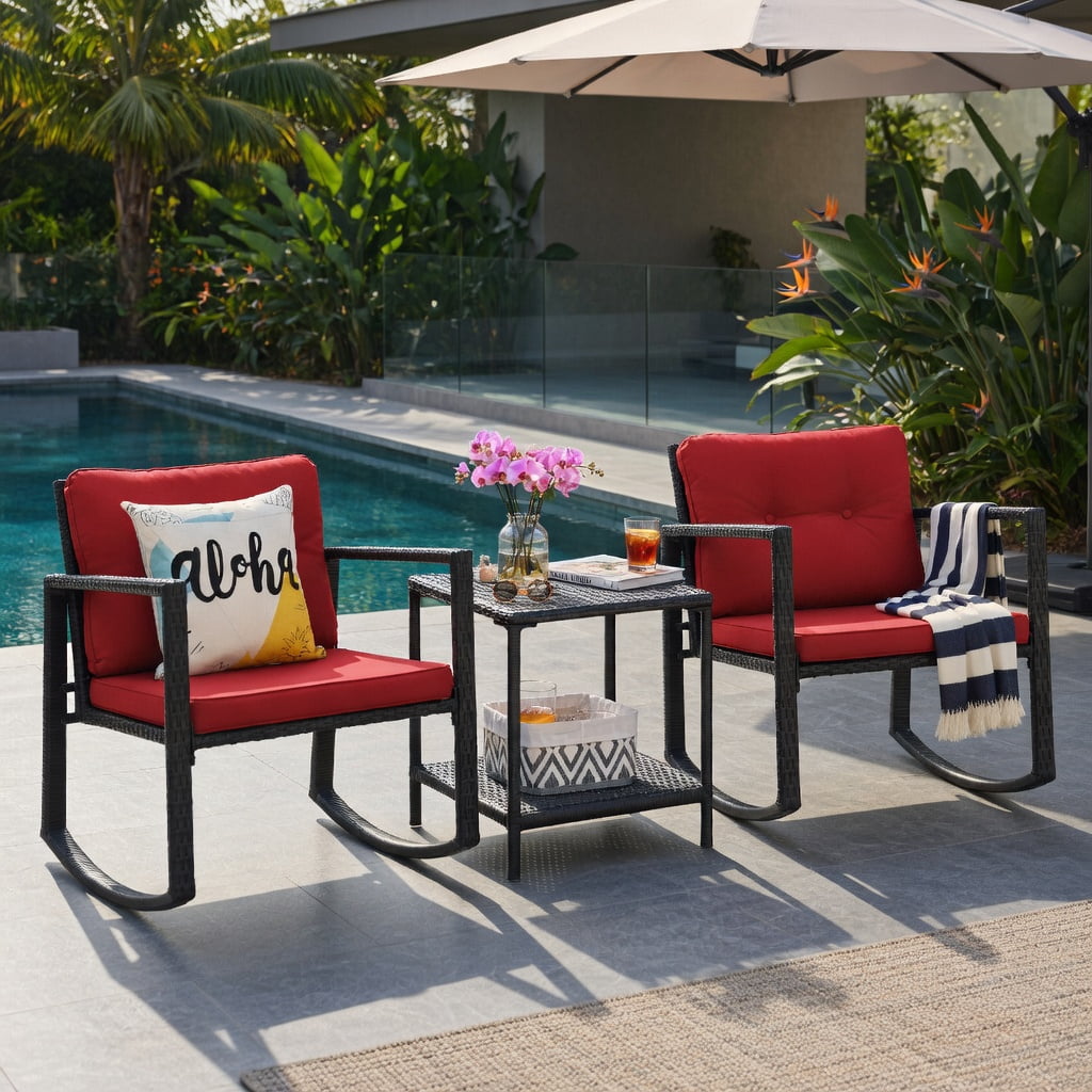Hommoo 3-Piece Outdoor Wicker Rocking Bistro Set with Tempered Glass Coffee Table & Storage Shelf, Red