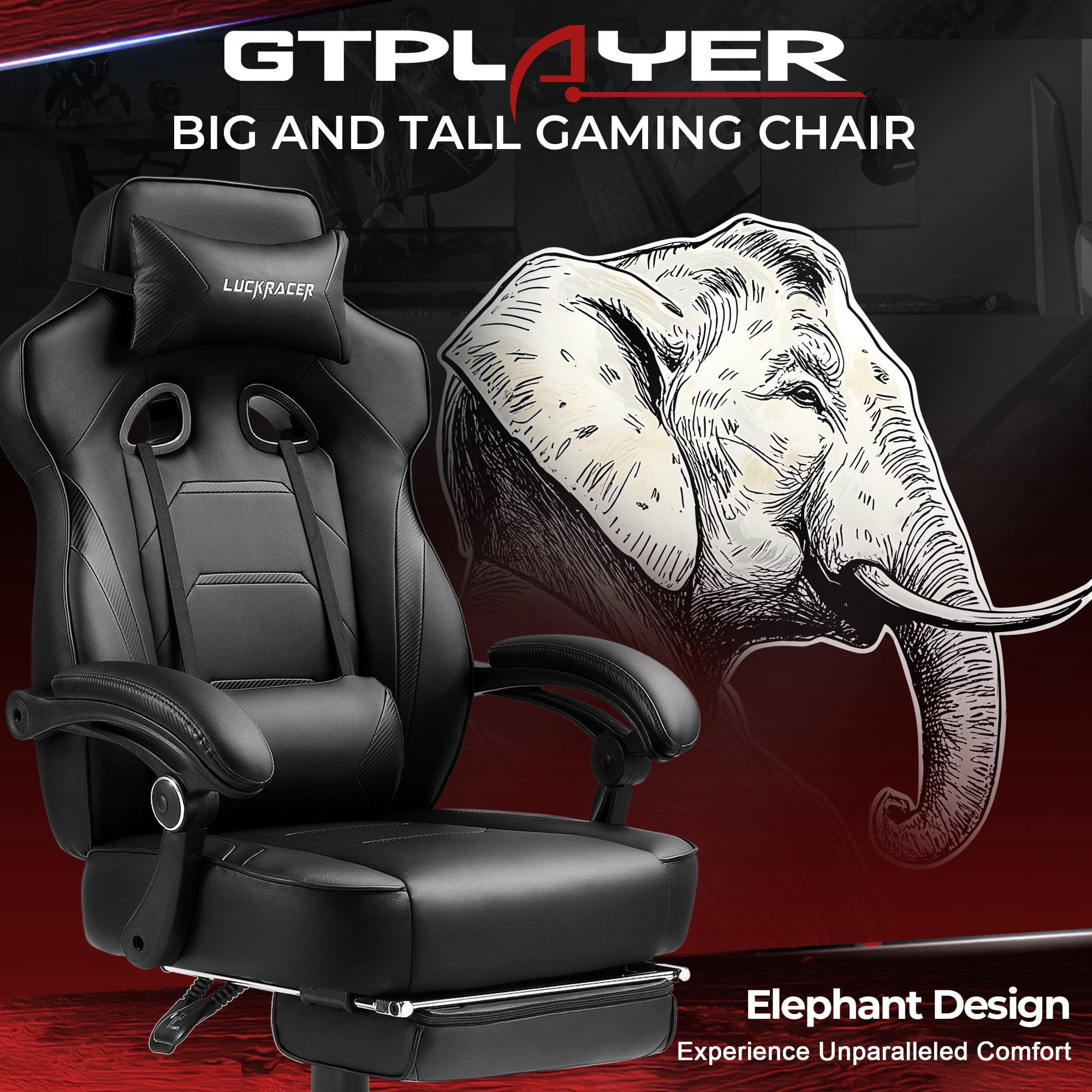 LUCKRACING Gaming Chair with Footrest, Big and Tall Game Chair 350lb Racing Style Computer Chair, Ergonomic Executive Office Chair High Back with Lumbar Support and Recliner, Black