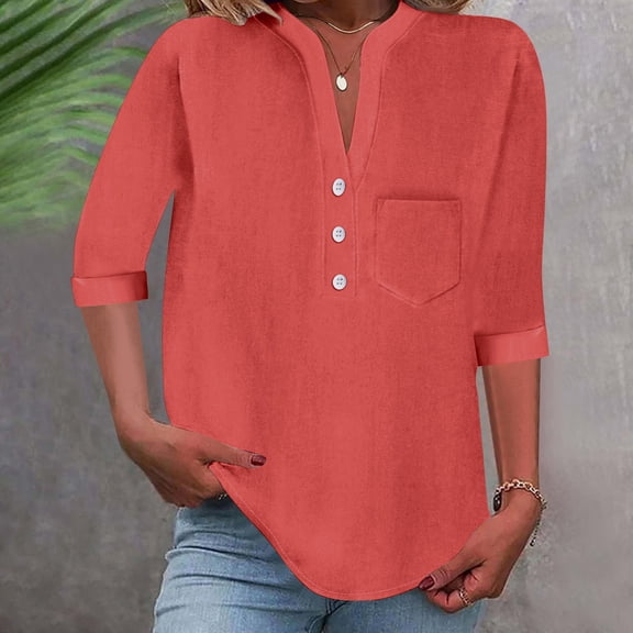 Youyipin womens tops 3/4 Sleeve T-Shirts V Neck Buttons Tops Basic Tee Solid Color Blouse Loose Fit Pullover Summer Shirts 2025