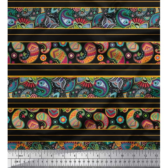Soimoi Black Cotton Duck Fabric Stripe,Floral & Paisley Artistic Print Fabric by Yard 42 Inch Wide