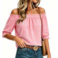 thumbnail image 2 of ClodeEU Women's Plaid Off Shoulder Blouse,Short Puff Sleeve Cropped Casual Summer Top Red-Plaid ^,Women's Plus XXL, 2 of 9