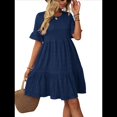thumbnail image 2 of Vestidos de Verano para Mujer 2025, Cuello Redondo, Abullonada, Cintura Alta, Fruncido, Corte A, Holgado, Midi, Azul Marino, Talla L, 2 of 9