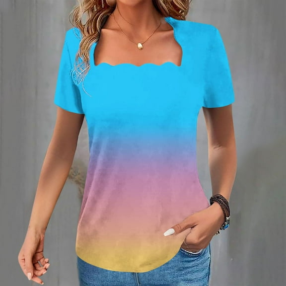 Xdegoge Summer Savings Womens Summer Tops Square-Neck Shirts Short Sleeve Tops Dressy Casual Tunic Blouses Floral Fashion Loose Fit T Shirts Last Order Placed By Me Ofertas De Hoy En