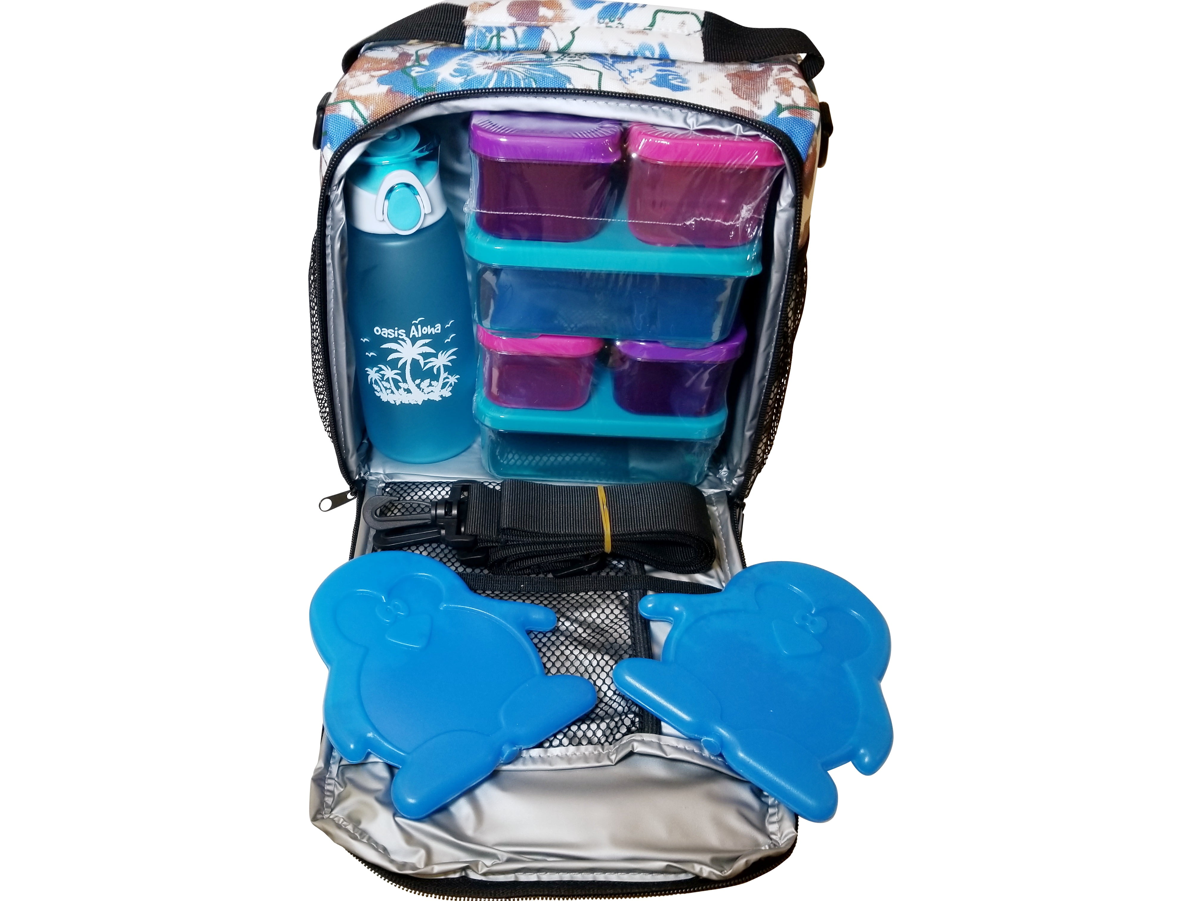 Large Insulated Bento Lunch Box. Includes Food Containers, Drink Bottle, and Ice Packs (Large - 5.5" x 6.5" x 8.5", Hawaiian Blue)