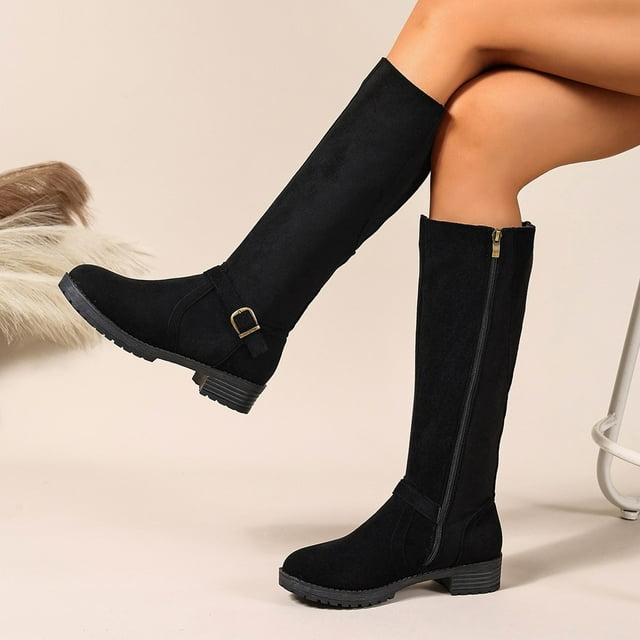 Taylonsss Bottes pour Femmes à Bout Rond Hauteur Genou avec Boucle Décorative Talon Bas pour Confort Toute la Journée Polyvalentes pour Occasions Décontractées et Semi-Formelles