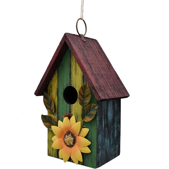Wooden ative house Hand Painted Hanging House with Sunflower - Garden Farmhouse Outdoor Nest for Sparrow Finch Humming and Blues (Green)