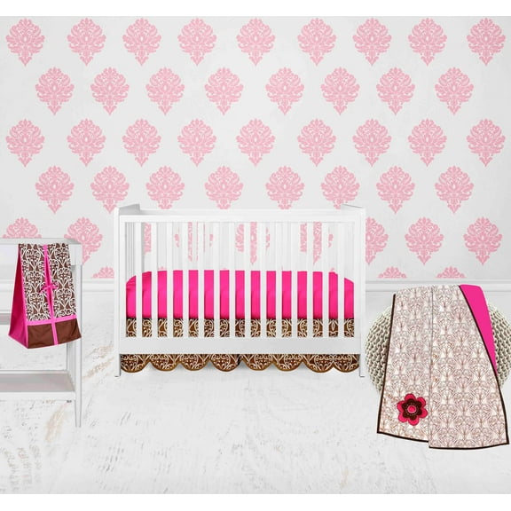 Bacati - Damask Floral 4-Piece Crib Bedding Set with Diaper Stacker - Pink/Chocolate Girls