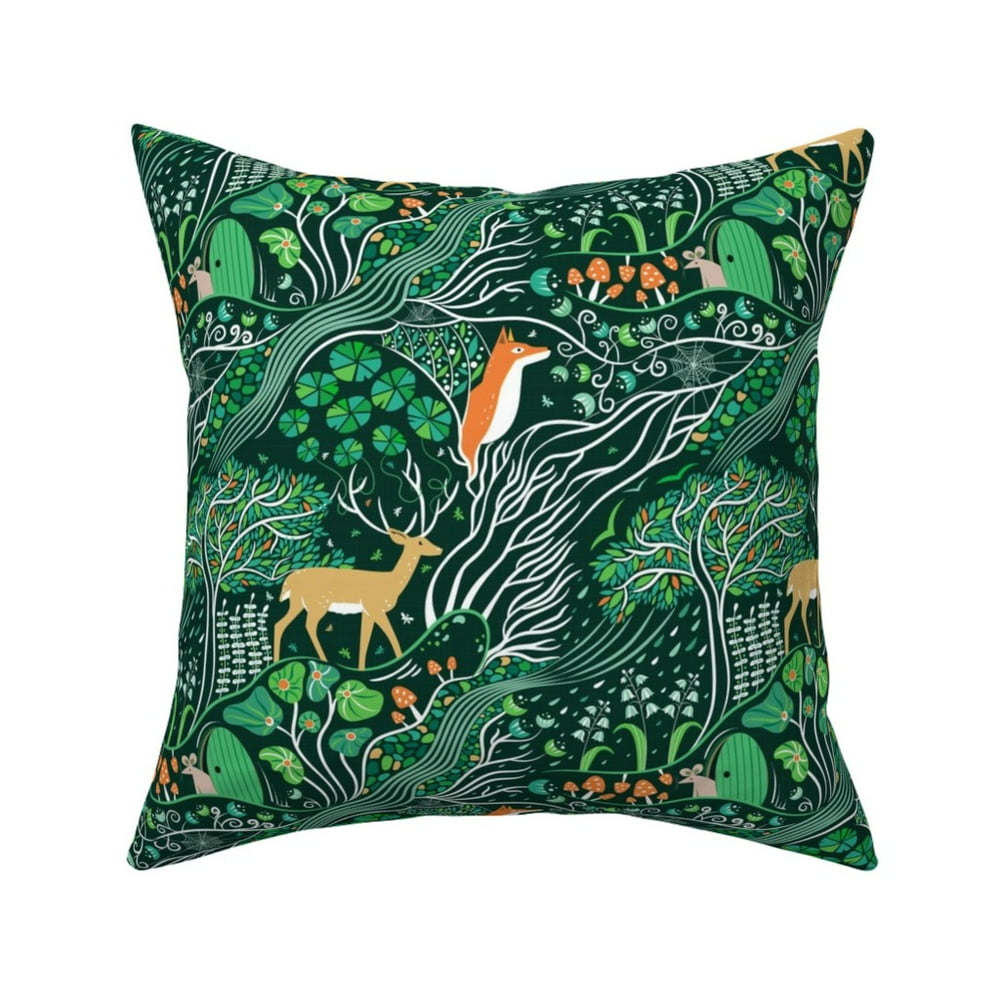 Woodland Forest Animals Green Throw Pillow Cover w Optional Insert by