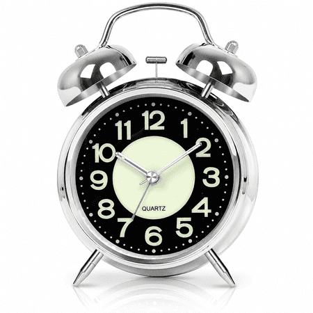 GQCLNBH Twin Bell Alarm Clock, Loud Analog Bedside Clock with Glow-in-the-Dark Dial, Silent Sweep, Night Light, Silver