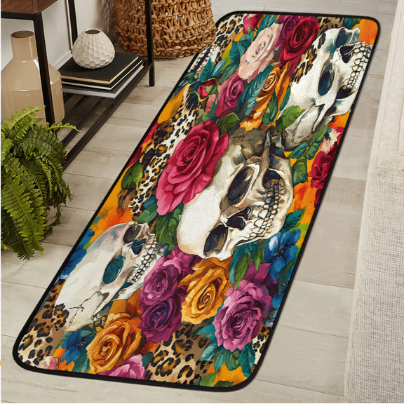 CURLYOOT Skull Flower Runner Rug 2'x6' Washable Kitchen Runner Rug Indoor Non Slip Laundry Rugs Leopard Print Floor Carpet for Hallway Kitchen Entryway Bedroom Living Room