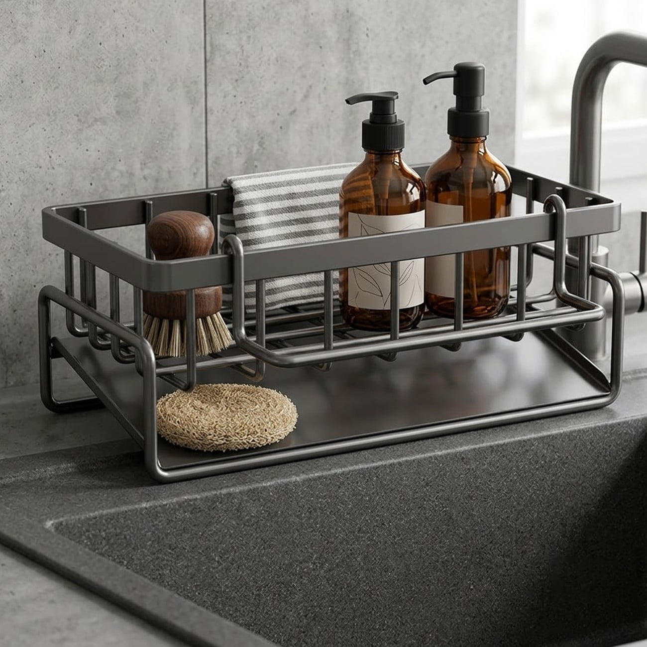 Kitchen Sink Caddy Basket Drain Rack Sponge Holder, 9.45 x 3.94 x 10.24 in