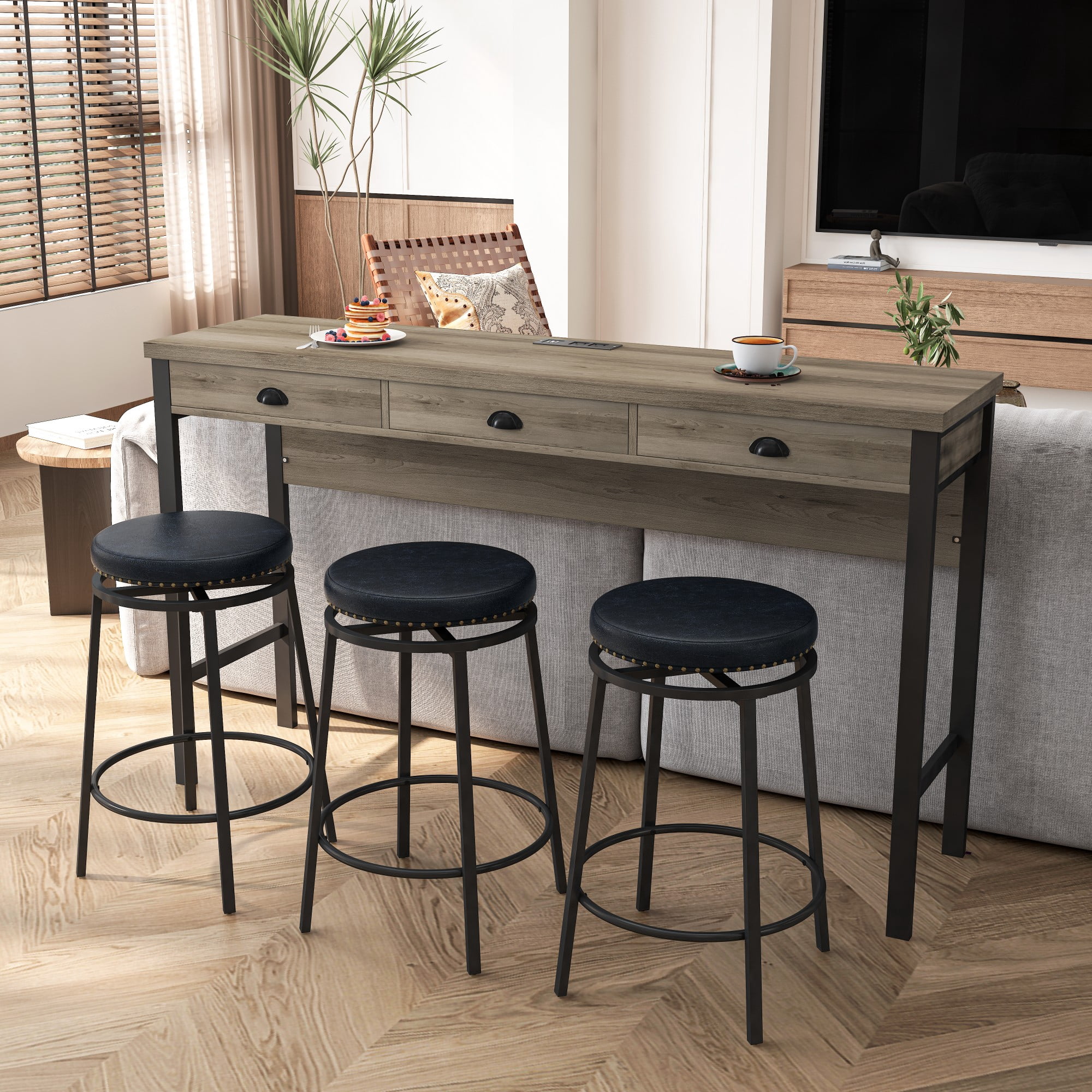 BSHTI 60.24" MDF Dining Room Table Set with Metal Frame, Power Outlets, 3 Circular PU Stools, 3 Drawers for Kitchen（Brown Gray+Black）