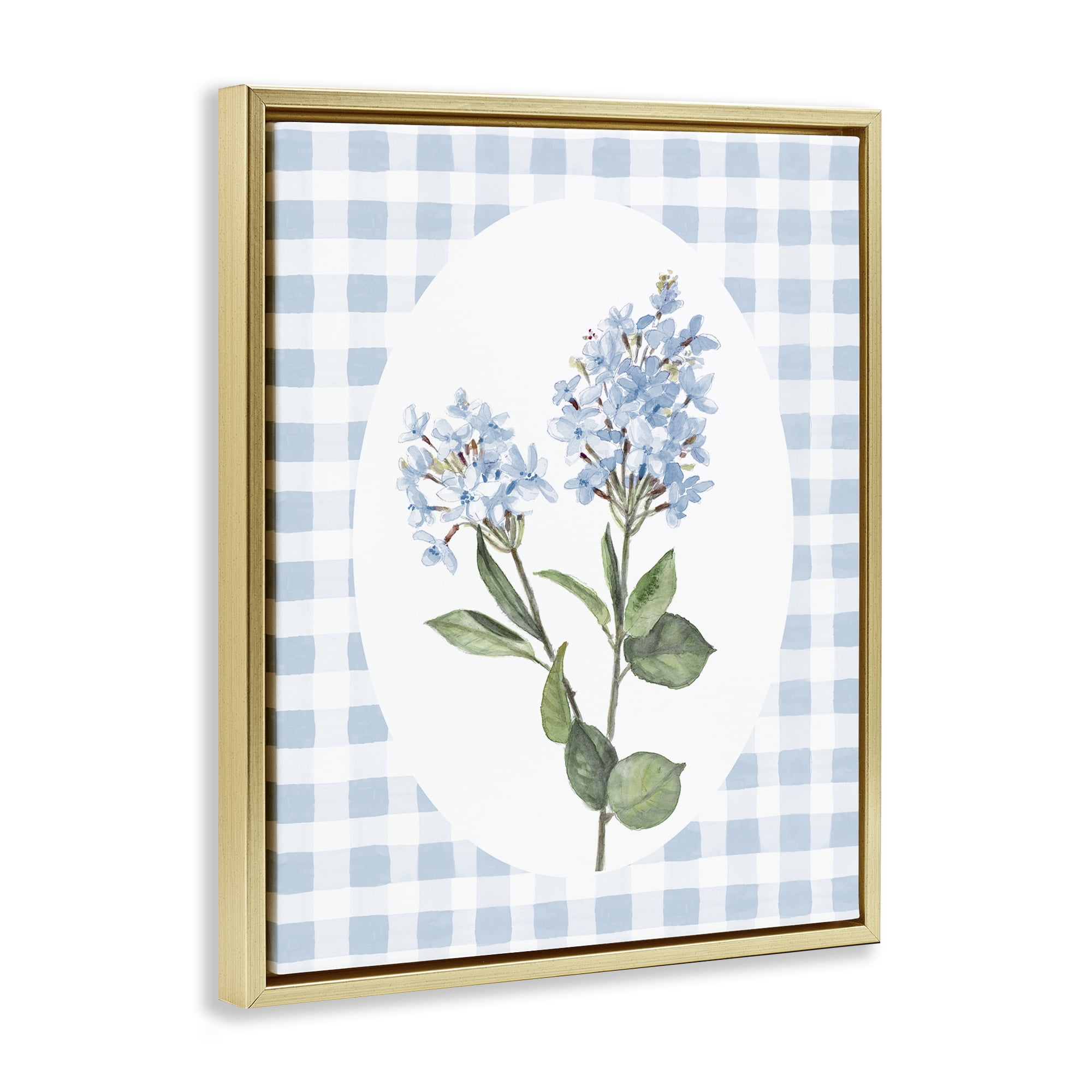 Stupell Industries Blue Checkered Blooms Gold Framed Floater Canvas Wall Art, design by Lanie Loreth