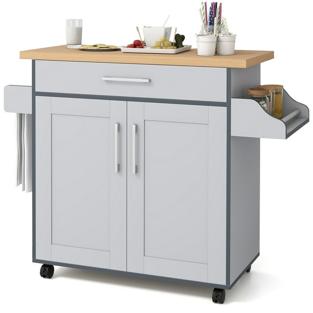 Giantex Chariot d'Îlot de Cuisine avec Armoire de Rangement sur Roulettes, Porte-Épices Porte-Serviettes et Tiroir, Gris