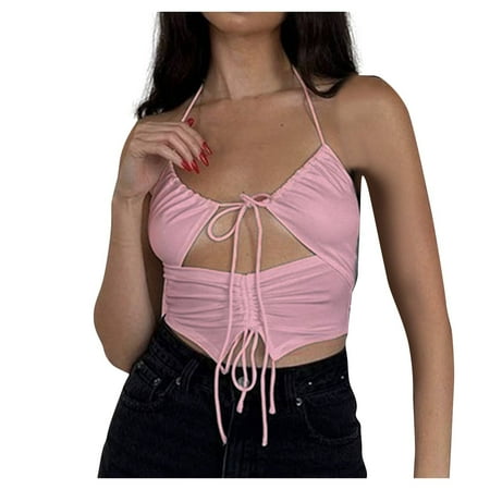 

BIZIZA Women s Bra Strappy Bralette Halter Seamless Crop Top Sexy Pink XL