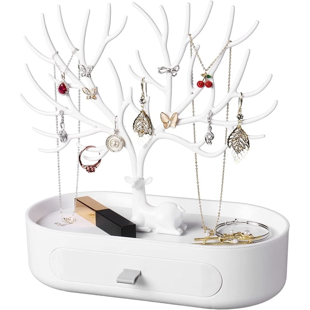 Expositor de collares, pendientes y anillos en forma de árbol para un almacenamiento eficiente Organizador de joyas blanco con cajones
