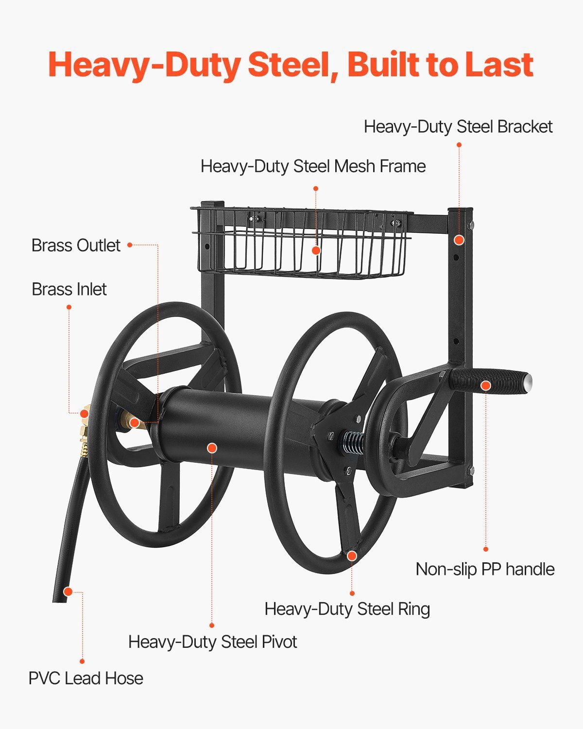Wall Mounted Garden Hose Reel Heavy Duty Manual Outdoor 125 ft 5 8 inch Hose Capacity Brass Fitting Storage Basket Space Saving Lawn Yard