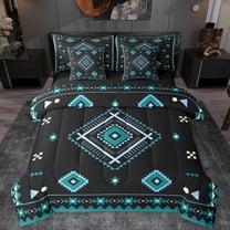 Manfei Vintage Aztec Rhombus 7-Piece Twin Bedding Sets,bohemian Exotic Style Bedding Comforter Set,Cyan Black Sheet Sets For Adults,Microfiber Bedroom Decor Reversible