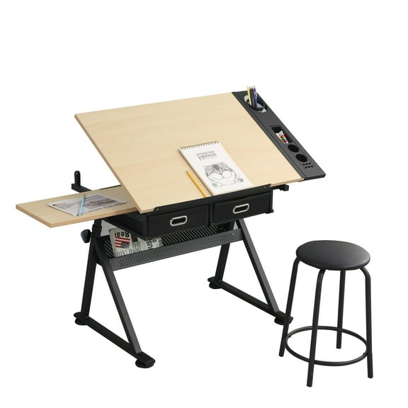 Adjustable Drawing Desk with Stool, 2-Drawer Drafting Table for Artists, White Oak Finish