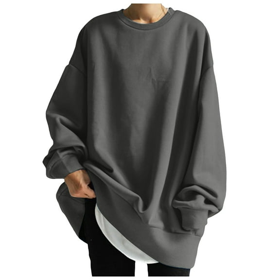 Sweatshirt for Women Fall Oversized Crew Neck Long Sleeve Cap One Shoulder with Pocket Plain Leisure Cotton Pullover Sweatshirts(Grey,M)