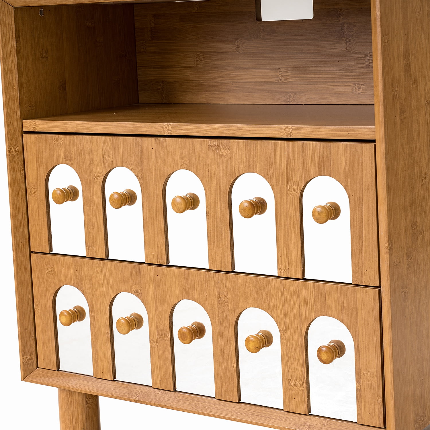 Nightstand with Charging Station&nbsp;featuring 2 Drawers with Decorative Mirror Fronts, Built-in 2 USB and 2 AC Outlets for Bedside Convenience, Solid MDF Construction in Natural Finish