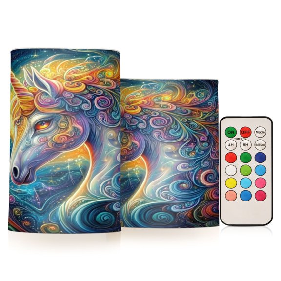 2 PCS Flameless Candles with Remote Timer LED Battery Operated Flickering Candle Light for Wedding Table Home Decoration Gifts Psychedelic Art Unicorn