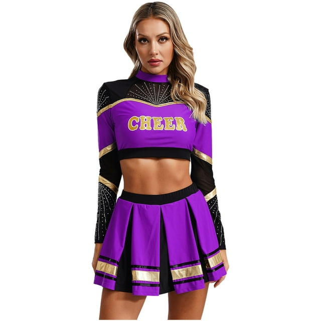 iiniim Costume de Pom-Pom Girl pour Femmes Uniforme de Cheerleading 2 Pcs Tenue Robe Crop Top avec Jupe Mini Plissée Violet TG