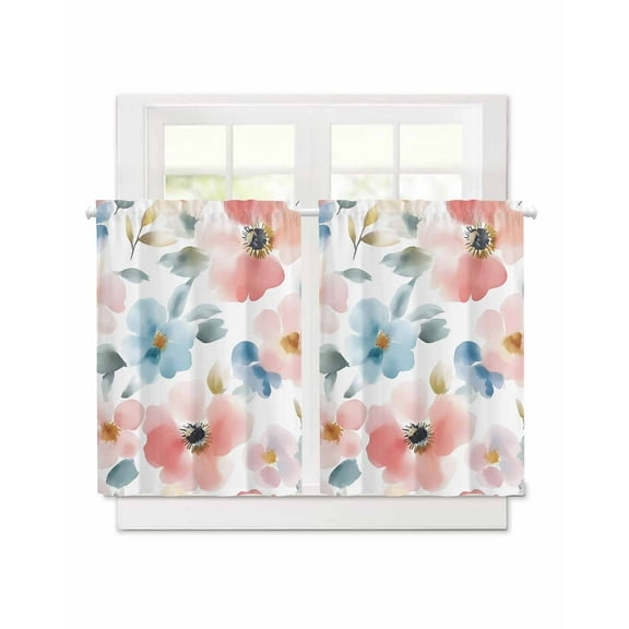 Watercolor Flower Short Blackout Curtains 36 Inch Long Retro Blue Red Floral Garden Rod Pocket Kitchen Curtains, 2 Panels Thermal Insulated Room Darkening Drapes for Bedroom, 30"W x 36"L