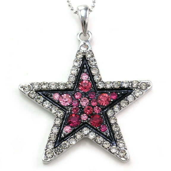 Clear Hot Pink Star Necklace Pendant Black Outline Silver Tone Crystal Jewelry