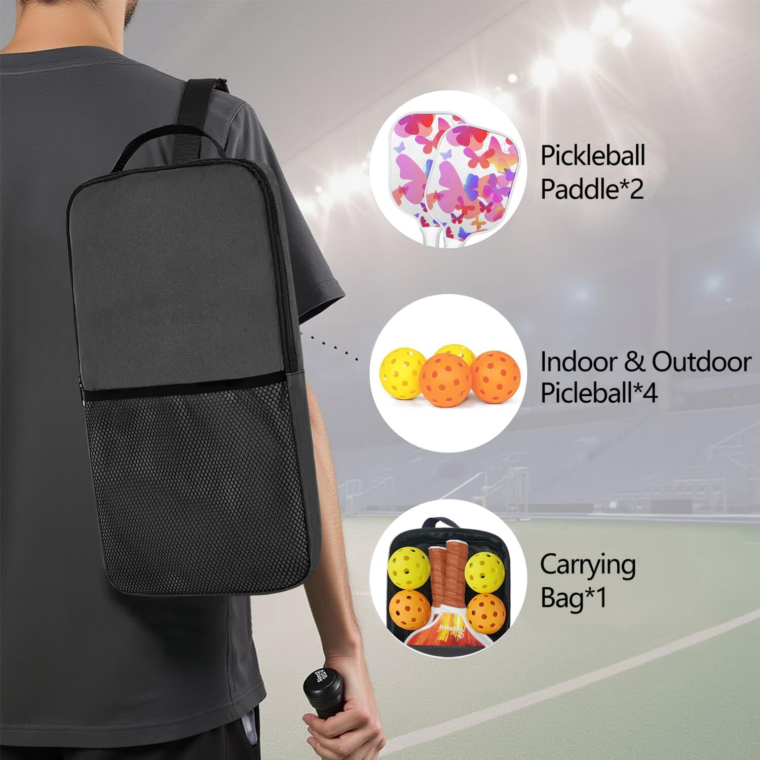 Pickleball Paddles Set Of 2, Fiberglass Surface, Butterfly, Spring Print, 4 Balls & Bag