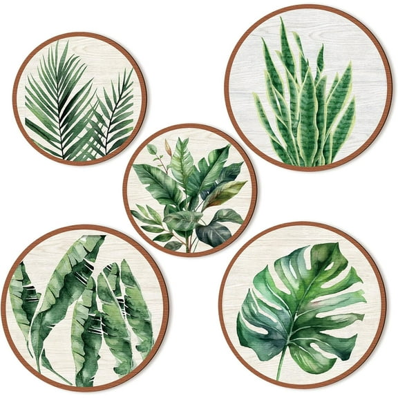 5 Pcs Boho Wall Art Decor Wooden Living Room Wall Decor Bohemian Wall Hanging Decor Farmhouse Geometric Hanging Decor 10'' and 8'' Aesthetic Wood Minimalist Wall Art for Apartment Bedroom (Leaves)
