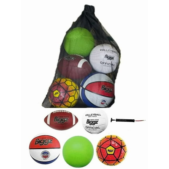 Biggz Bag of Sport Balls – Basketball, Soccer Ball, Football, Volleyball, Green Playground Ball, and Pump