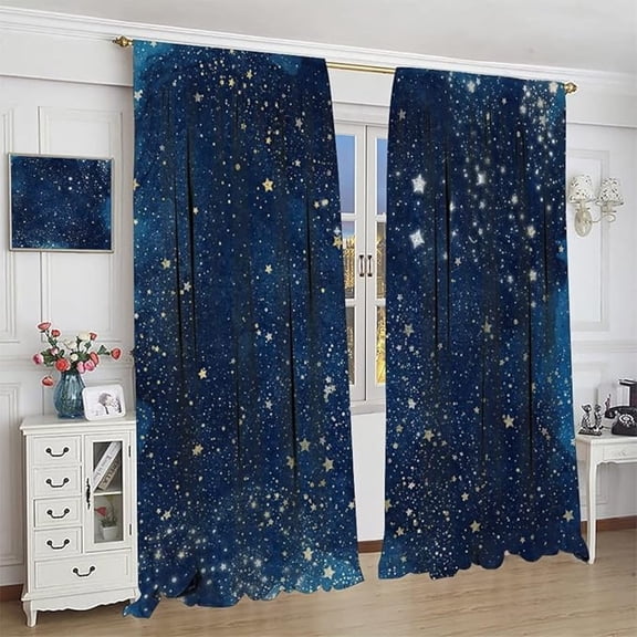 Night Sky Stars Bathroom Curtain Blue Starry Space Galaxy Pattern Living Room Bedroom Home Decor Thermal Drapes Window Treatments 53"W x 84"L (Pack of 2)