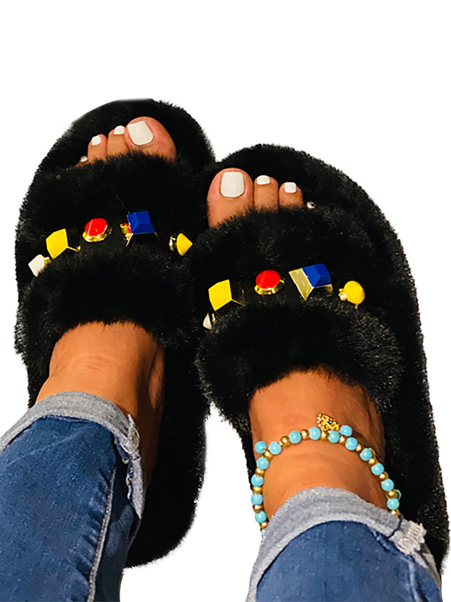 Details about   Women Ladies Fur Fluffy Sliders Slippers Slip On Flat Sandals Mules Summer Shoes