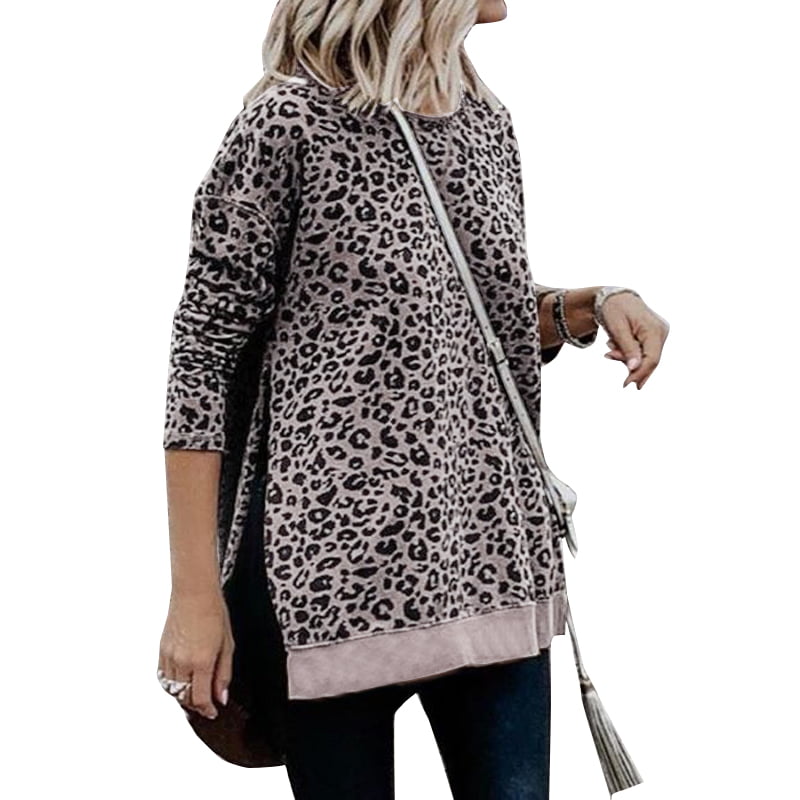 Celmia Women Long Sleeve Leopard Print Jumper Sweatshirt Blouse 