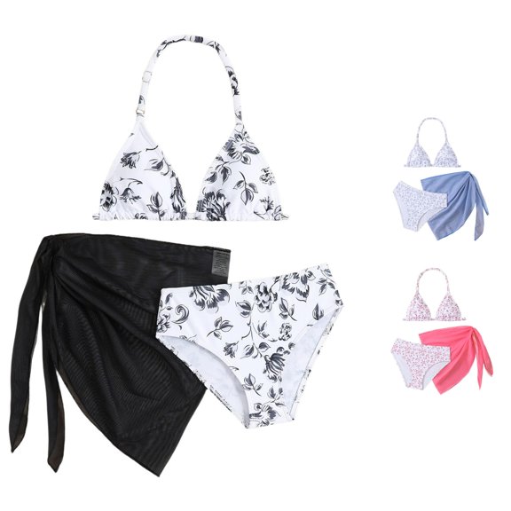 JAJAHO Girls Bikini Set With Coverup Skirts 3 Piece Swimsuits For Girl Floral Printed Halter Adjustable Strap Triangle Bathing Suit For Kids 7-12Y