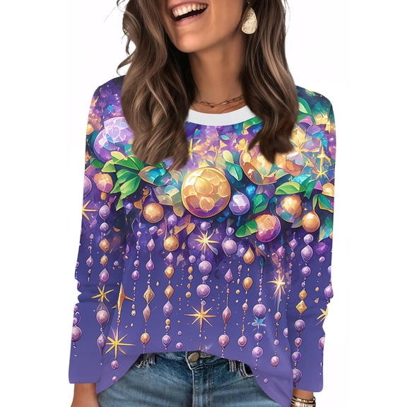 Mardi Gras Shirts for Women Carnival Sequins Long Sleeve Tunic Tops Sparkly Crew Neck Purple T Shirts Yellow 2XL