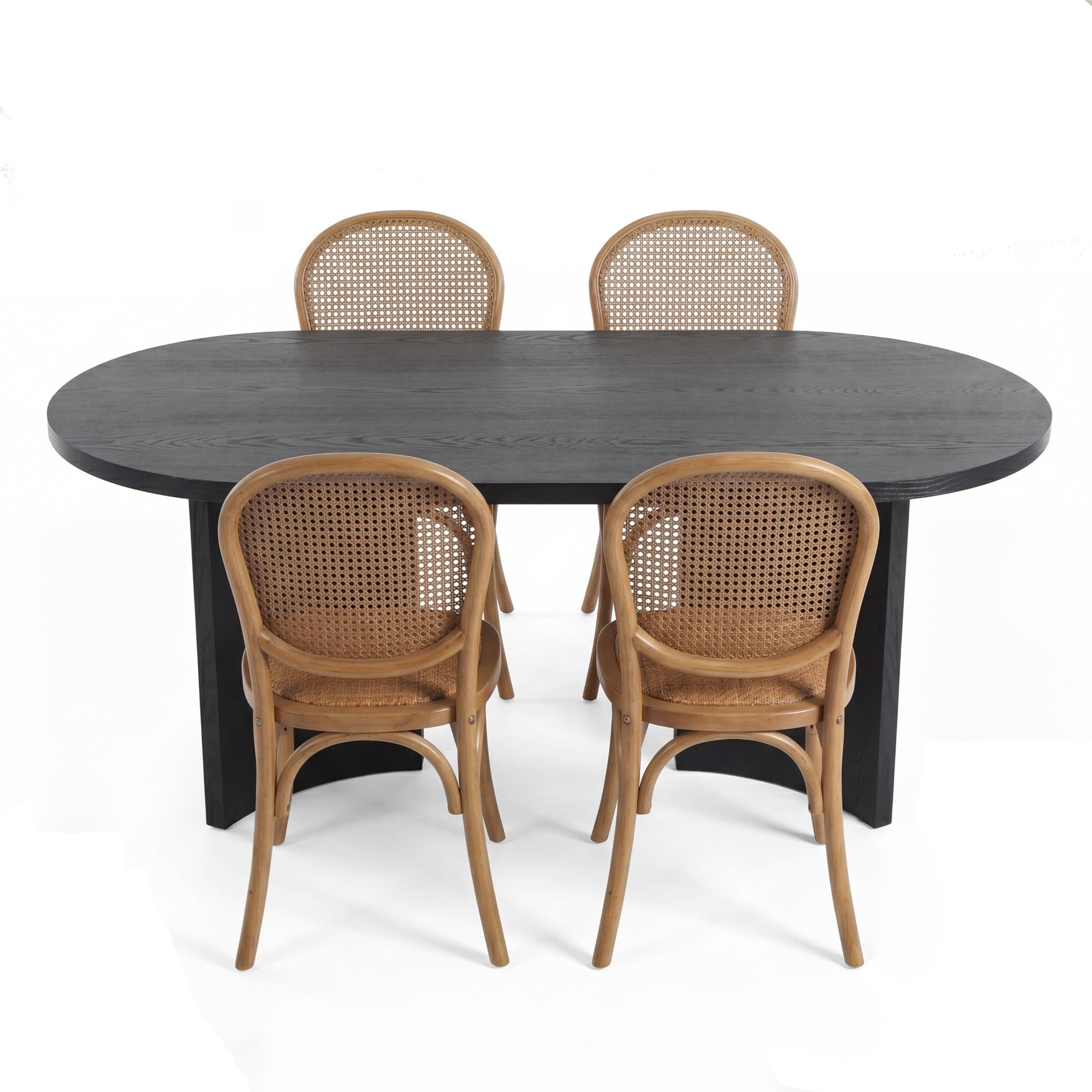 Christopher Knight Home 5-Piece Modern Oval Dining Set for 4, MDF Table with Rattan Chairs, Black+Light Brown
