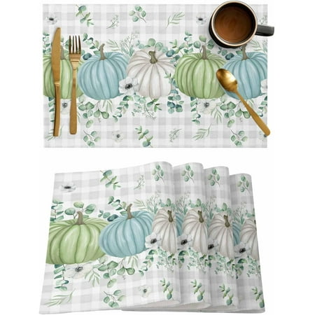 

Fall Thanksgiving Placemats Set of 4 Autumn Pumpkins Eucalyptus Leaves Heat Resistant Dining Table Mats Fall Holiday Farmhouse Decor for Kitchen&Linens Outdoor Indoor White Blue Green Gray Plaid
