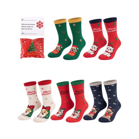 COMFOEX Women's Christmas Crew Socks, Cute Dog Cat Animal Print Holiday Socks, Cotton Novelty Christmas Socks 5 Pairs, Warm Winter Socks for Women Gifts.