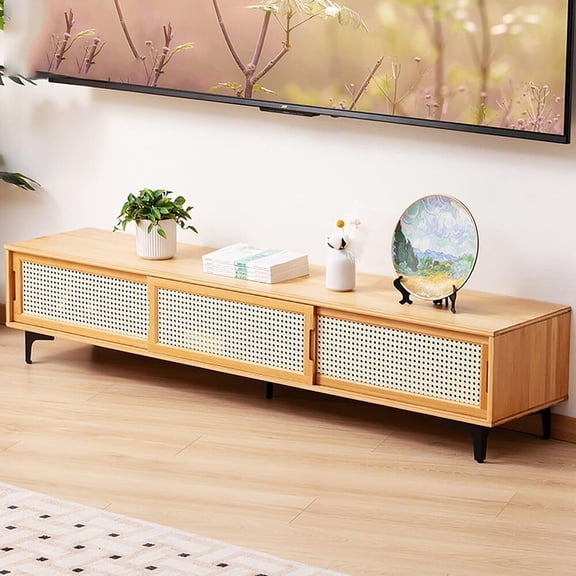 ShadeMart Rattan Nature Color 3 Doors 63 Inch Tv Stand, Modern Wood TV Stand Entertainment Unit Center Media Console Storage Shelves