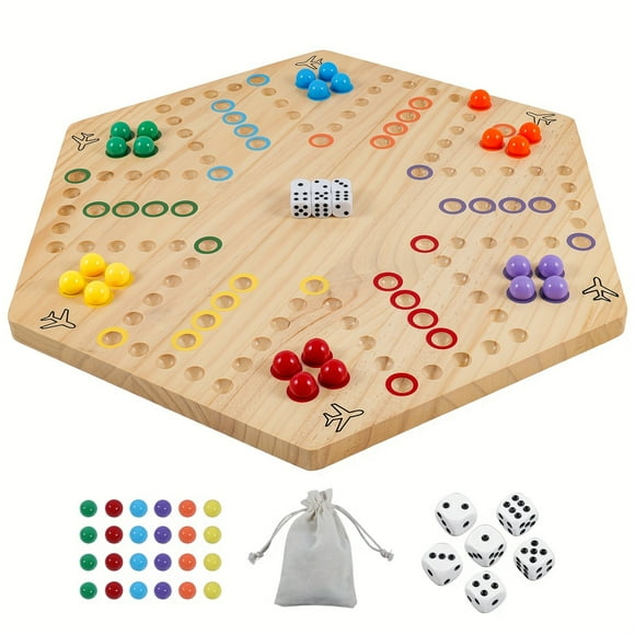 DEBGFS Wahoo Board Game Wooden Original Aggravation Board Game Classic 2 Side Painted Fast Track Game For 4 Player And 6 Player With 30 Marbles 11 Dices For Family Game Night (6large L