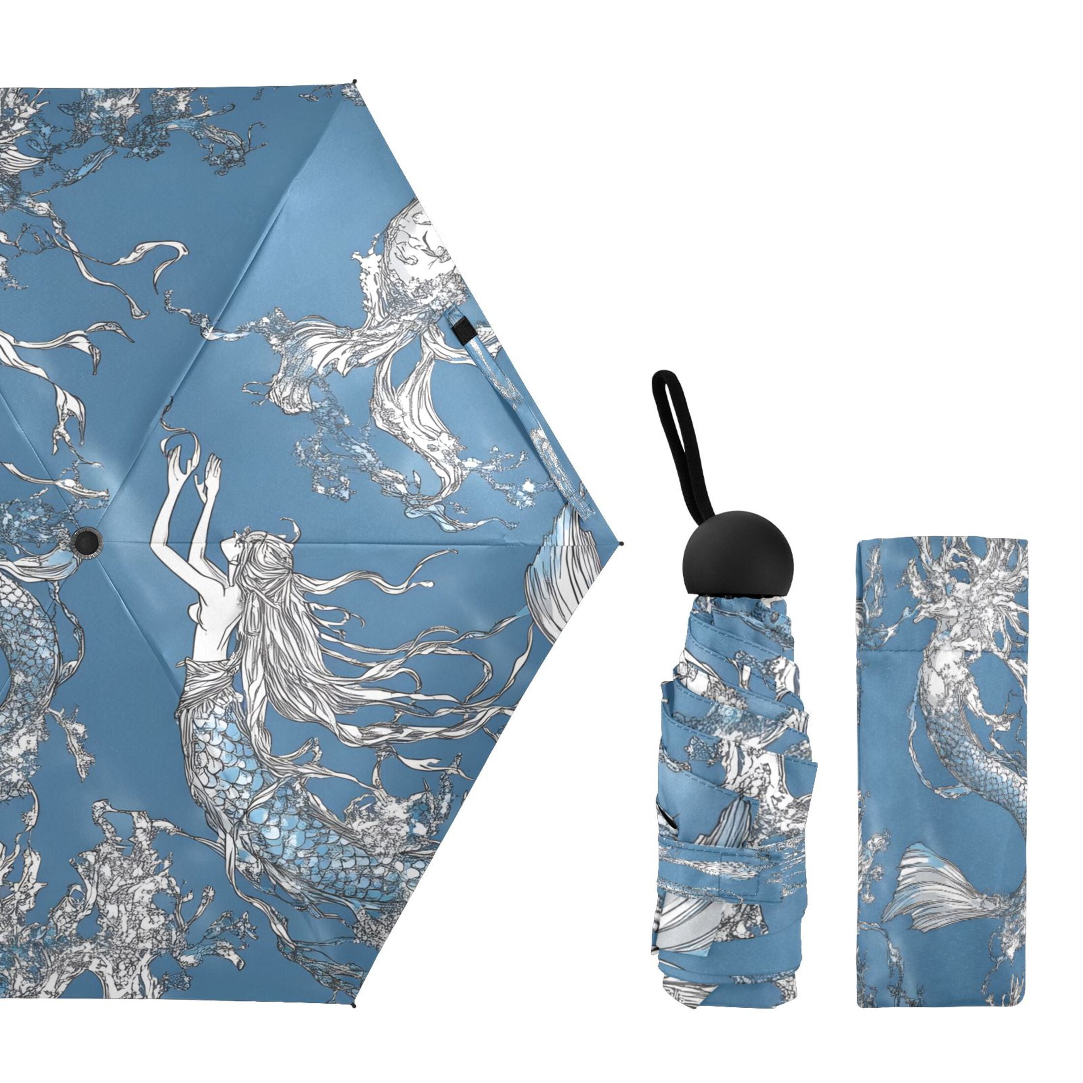 Mermaid Umbrellas for Sun Auto Open Close UV50+ Waterproof 5-Fold Compact Fiberglass Frame