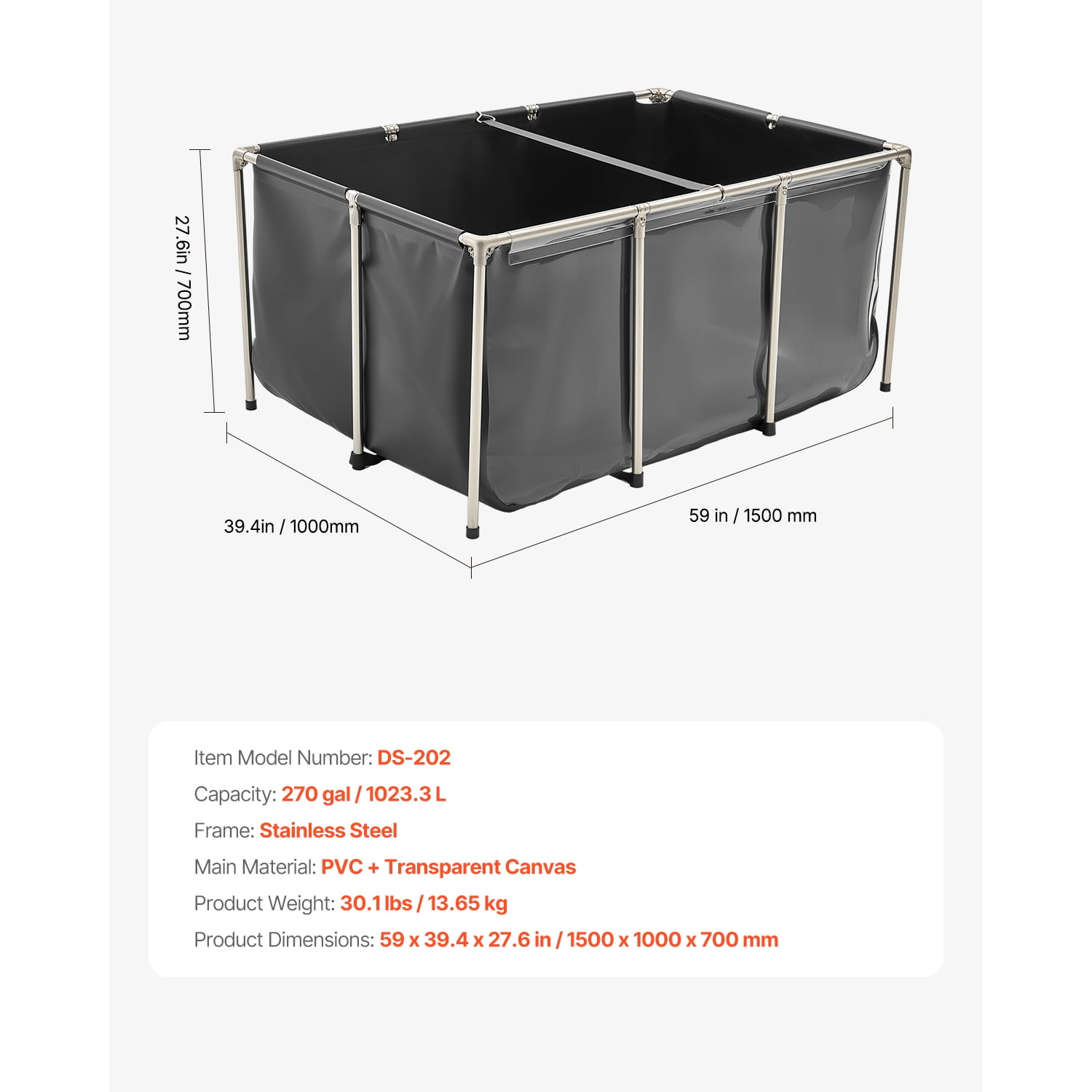 KFFKFF Canvas Fish Pond, 270 Gal Above Ground Tank, PVC Koi Pond with Transparent Viewing Panel, Rectangular Goldfish Tank with Metal Frame & Drain Valve, Suitable for Koi Breeding and Irrigation